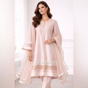 Elegant Pink Embroidered Dress with Shawl